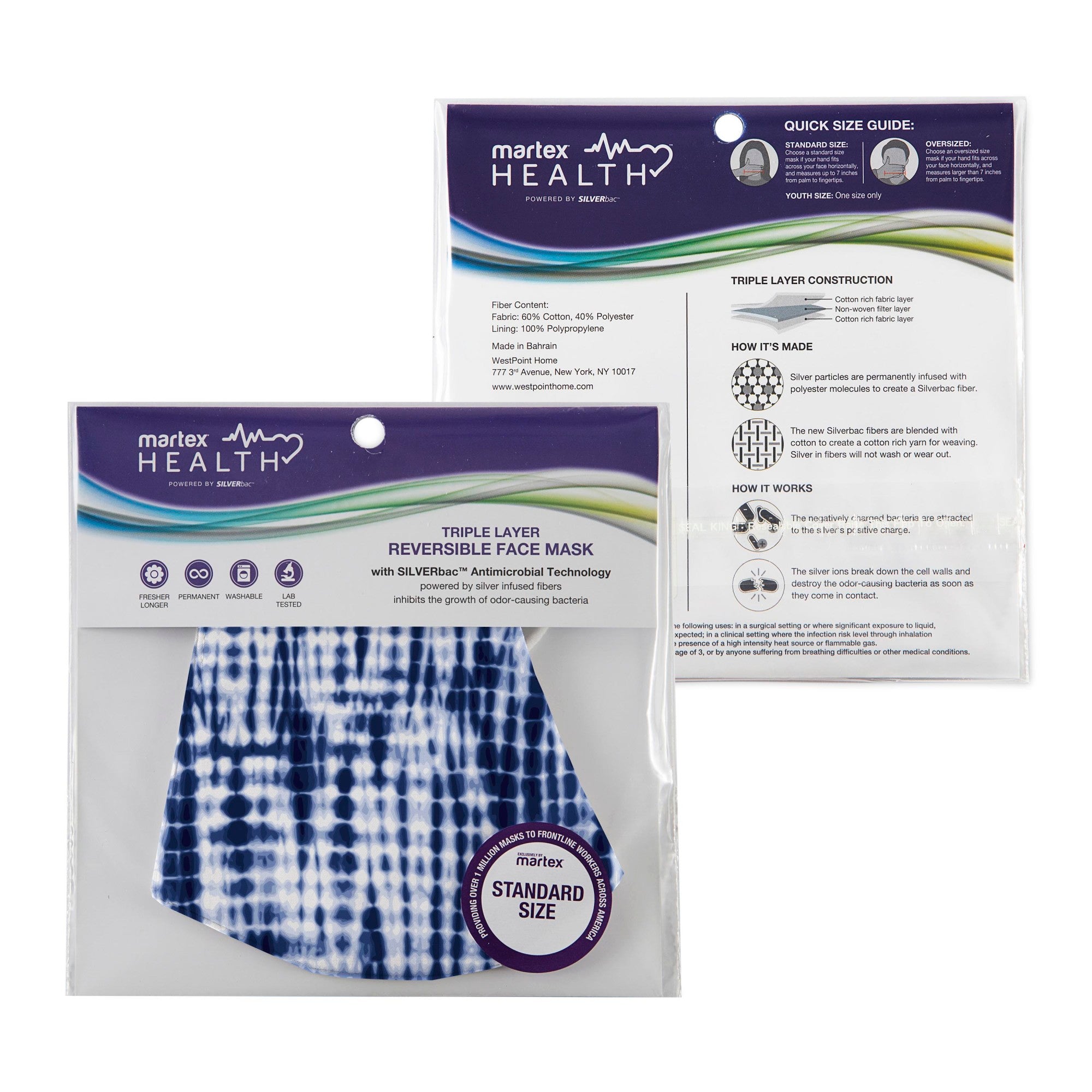 Martex Health Triple Layer Standard Tie Dye Face Mask with SILVERbac™ Antimicrobial Technology