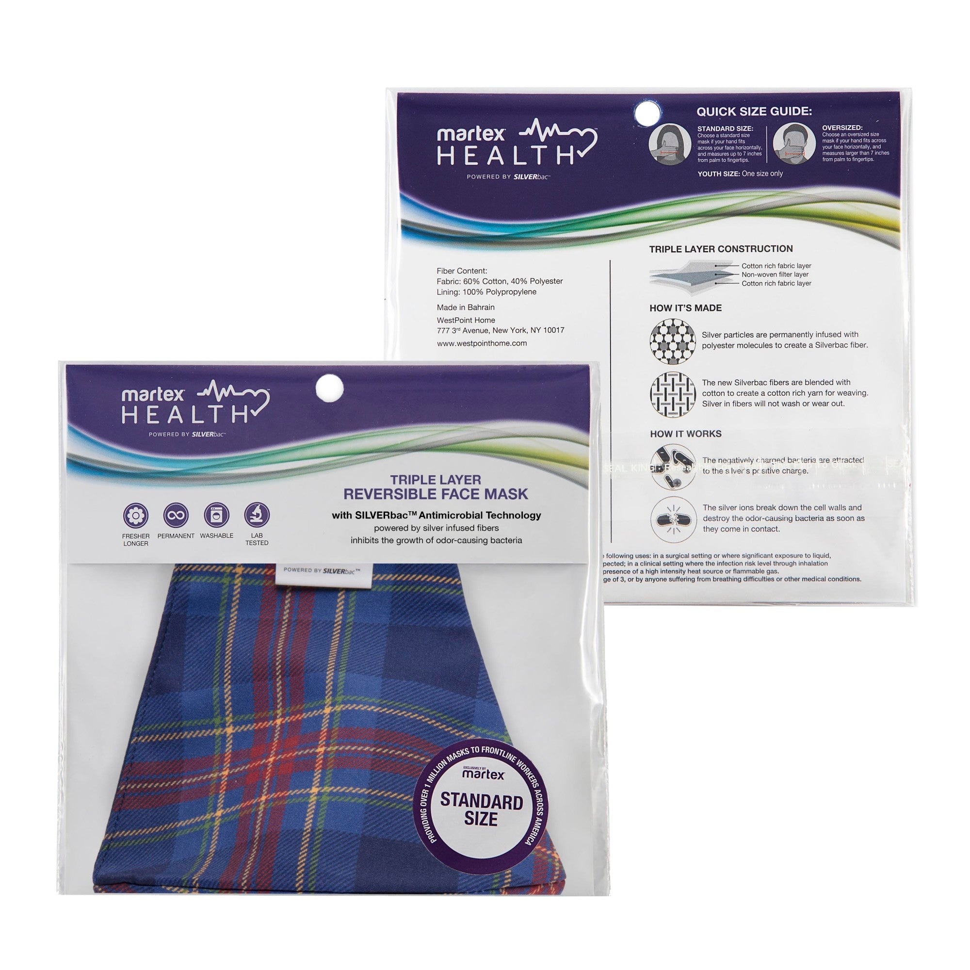Martex Health Tartan Plaid Triple Layer Face Masks with SILVERbac Antimicrobial Technology Single Pack