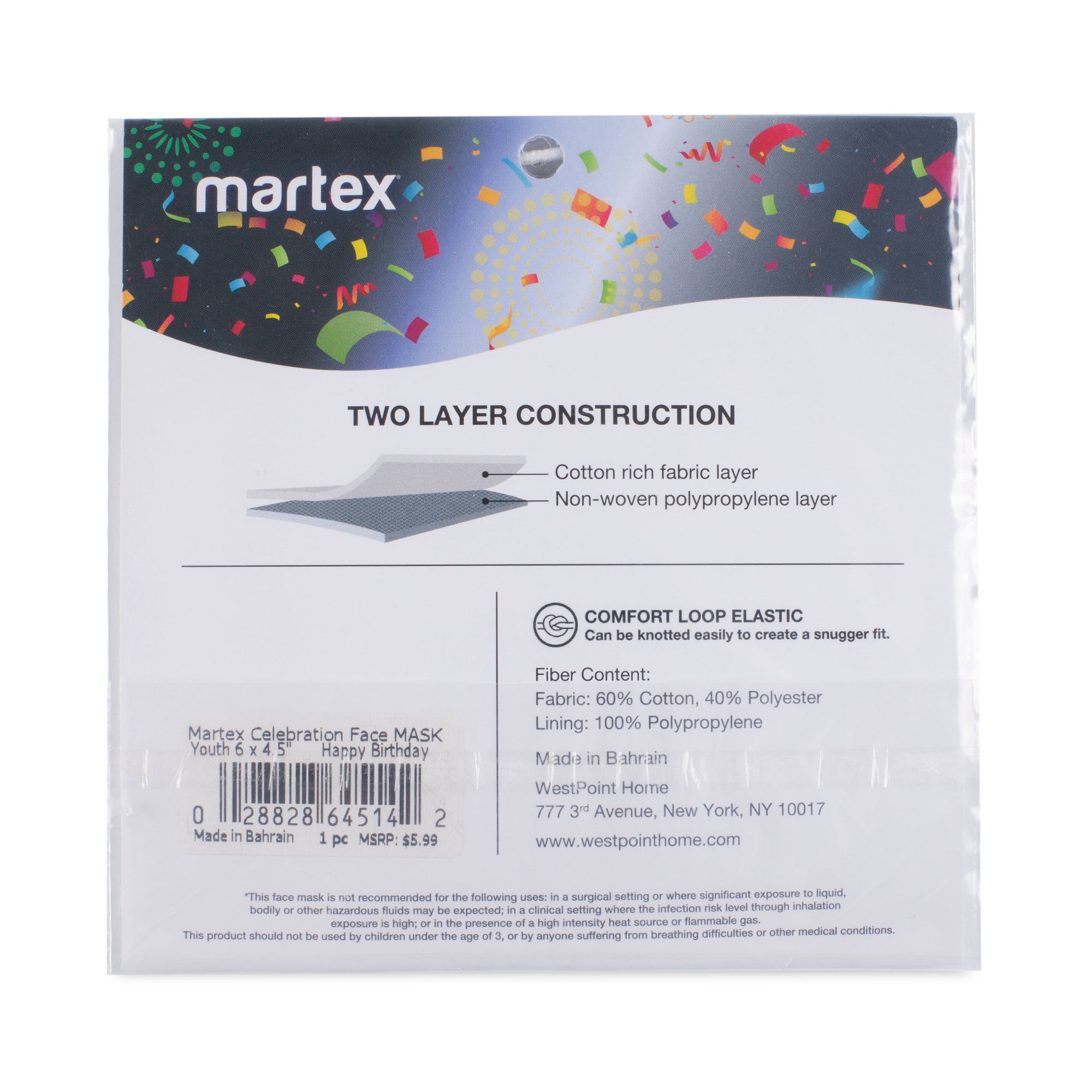Martex Health Easter Bunny Double Layer Gathered Standard Face Mask